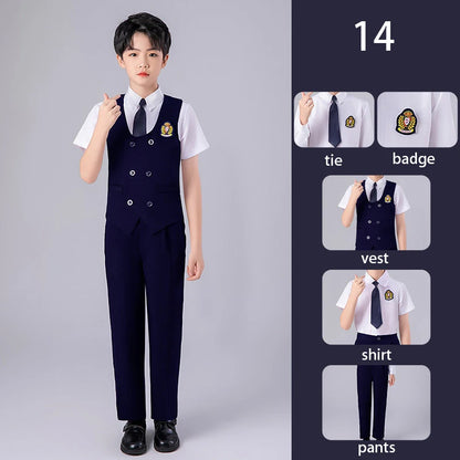 Girls Preppy Style Pleated Jumper Dress Headdress + Bow Tie Pants Suit Children Choir Poetry Performance Fashion School Uniform