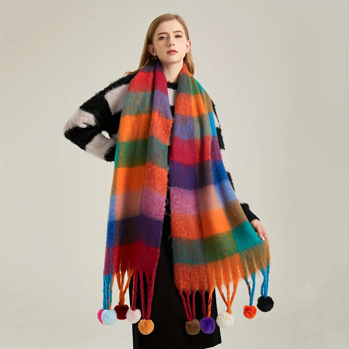 Winter Scarf Women Luxury Autumn Winter Cashmere Scarf Thickened Warm Shawl Classic Tassels Fluffy Scarf Plaid Color Soft Shawl