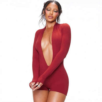 FLARORA Sexy Deep V Neck Slim Rompers Woman Solid Color Full Sleeve Stretch Skinny Peach Hip Playsuits Hot Girl Party Clubwear