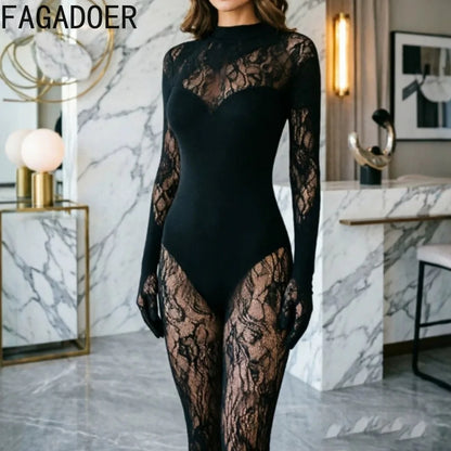 FAGADOER Sexy Knitted Patchwork Bodycon Jumpsuits Hot Girl Black See Through Hollow Out Romper Summer Night Party Club Playsuits