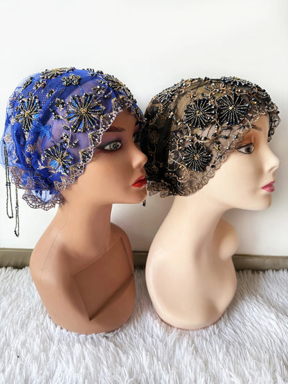 High Quality Lace handcrafted Beaded Turban Hat Female Head Wraps Caps Muslim Women Headscarf Bonnet Ready to Wear Inner Hijabs