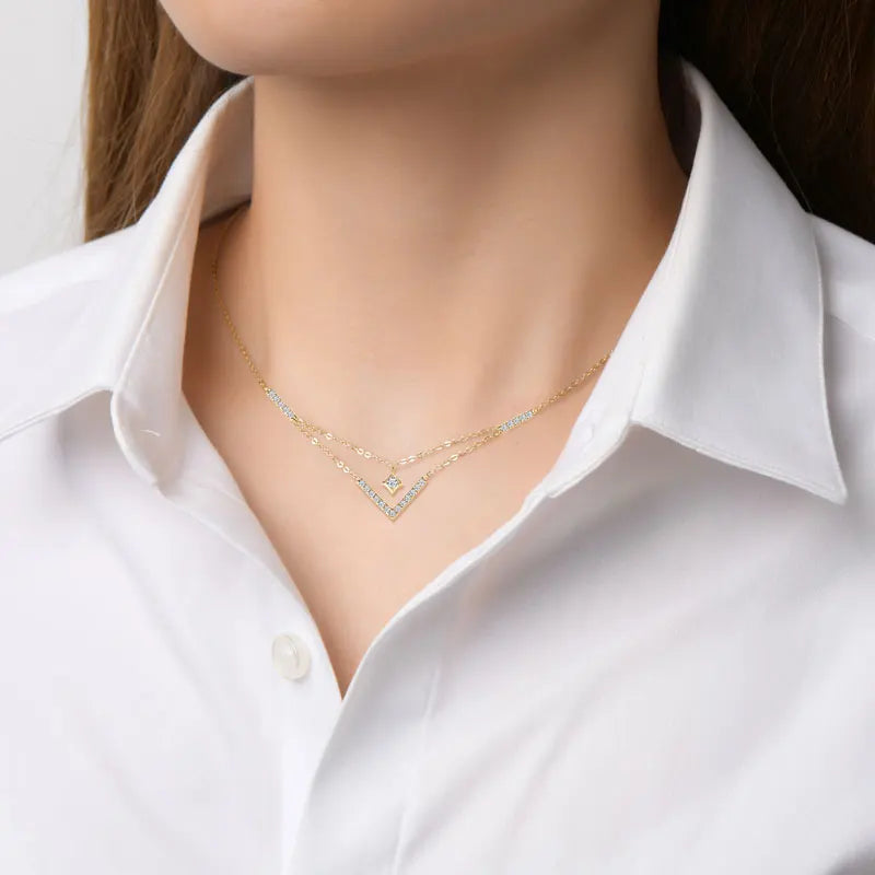 Lnngy Sparkling 3mm&1.8mm Round Moissanite Necklace 925 Sterling Silver Fashion V-Shape Necklaces for Women Fine Jewelry Gift