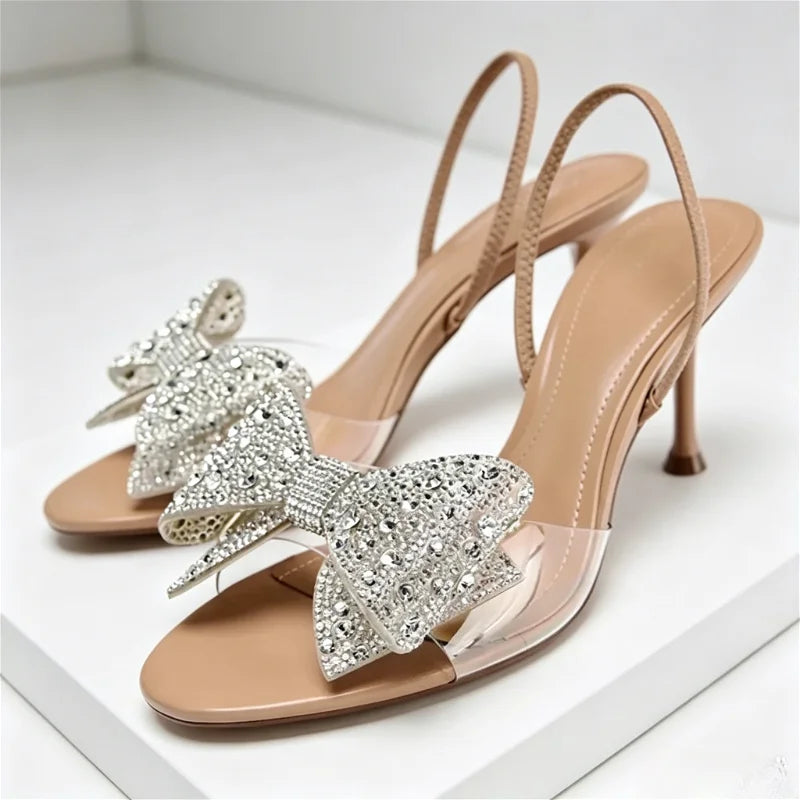Luxury Glitter Rhinestone Bow Designer Heeled Sandals Women Summer Peep Toe Back Strap High Heels Elegant Party Wedding Shoes