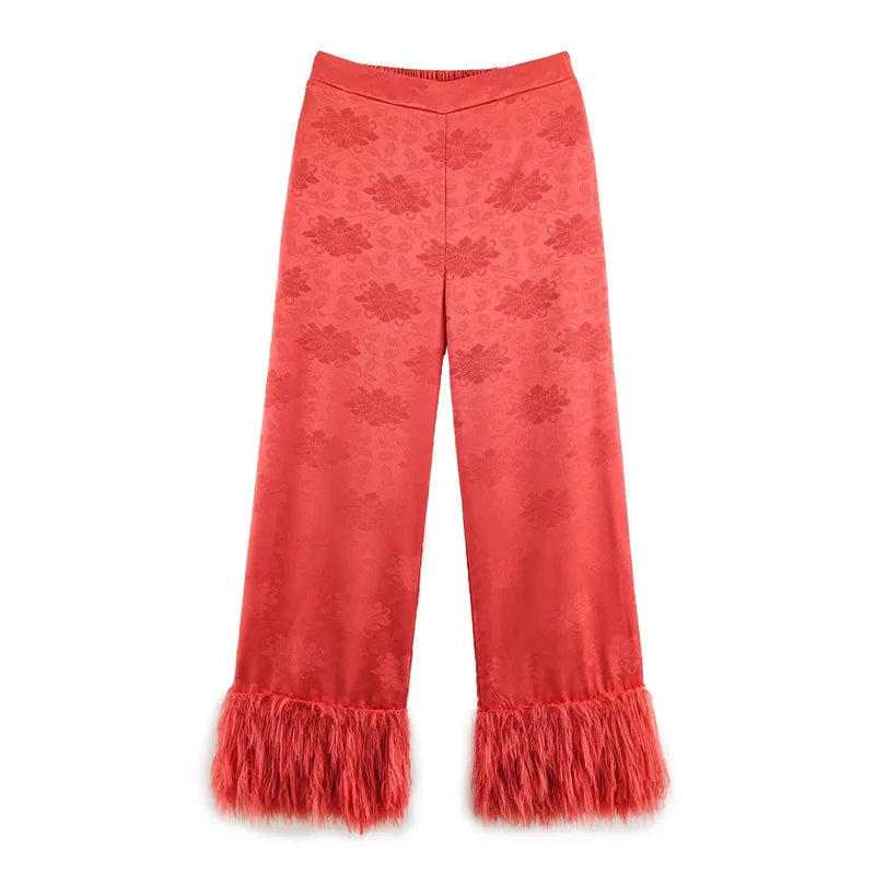 Jacquard Satin Fringe Three Piece Set Kimono Long Open Coat Wrap V Neck Top Fringe Trousers 2026 Summer Resort Lady Elegant Suit
