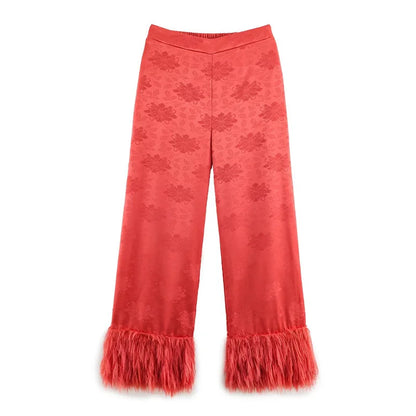 Jacquard Satin Fringe Three Piece Set Kimono Long Open Coat Wrap V Neck Top Fringe Trousers 2026 Summer Resort Lady Elegant Suit