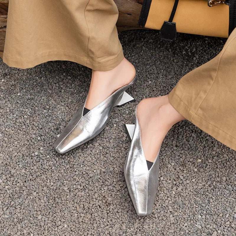 Luxury Gold Silver Leather Women's Mules Strange High Heels Wedge Women's Slippers Elegant Evening Dress Shoes Heels for Ladies