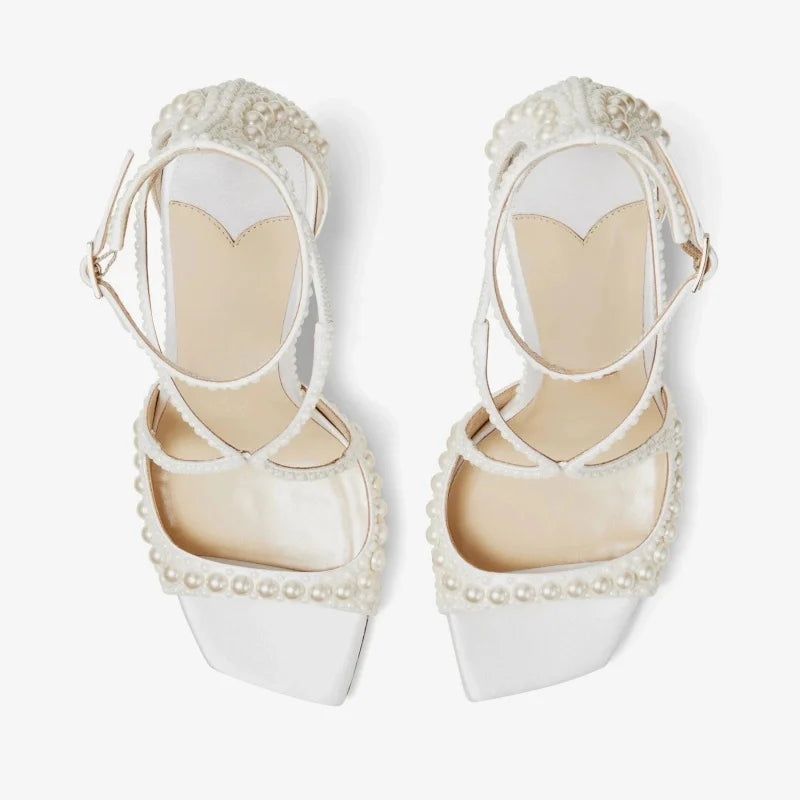 2025 Summer New Luxury White Pearls Decorated Women's Sandals Ankle Straps High Heels Square Toe Party Wedding Sexy Femme Shoes