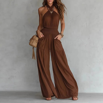 Retro Solid Women's Loose Wide Leg Jumpsuit Fashion Neck Hanging Design Sexy Backless Romper With Pocket Ladies Office Jumpsuits