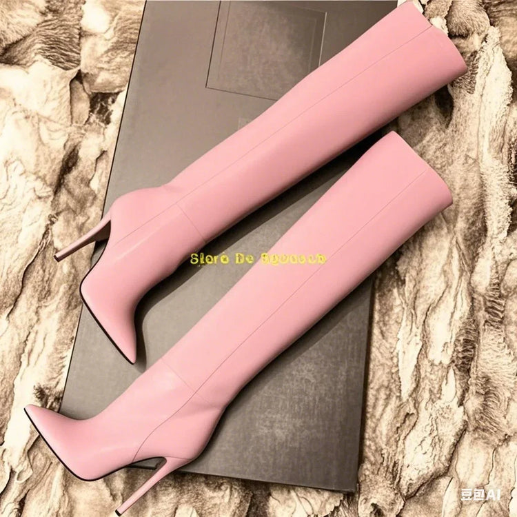 Pink Leather Over The Kee Boots Thin High Heel Sexy Pointed Toe Zipper Winter Women Boots Thigh High Solid Shoes