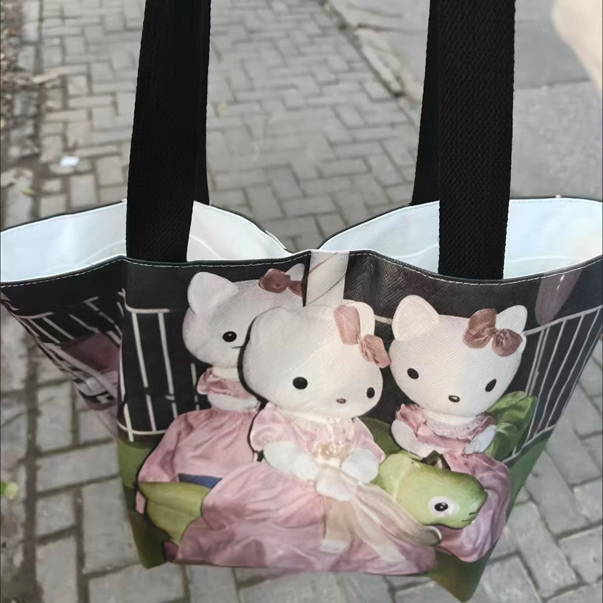 Y2k Hello Kitty Print Handbag Non-woven Fabric Creative Light-weight Shoulder Bag Large Capacity Leisure Shopping Bag for Women