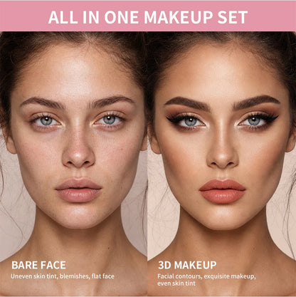All in One Makeup Kit Lipstick, Blush, Contour Palette, Primer, Foundation Brush Lipgloss Eyebrow Full Makeup Kit Gift for Woman