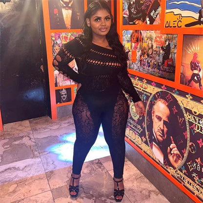 Black Night Party Lace Jumpsuits Woman Long Sleeve Skew Collar Hollow Out Patchwork Skinny One Pieces Rompers Womens Jumpsuit