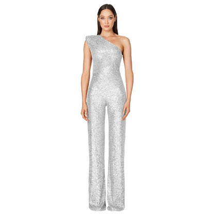 Women Elegant Long Jumpsuits Slanted Collar Party 2026 Sexy Glitter Sequin Club Playsuits Fashion Backless Solid Romper