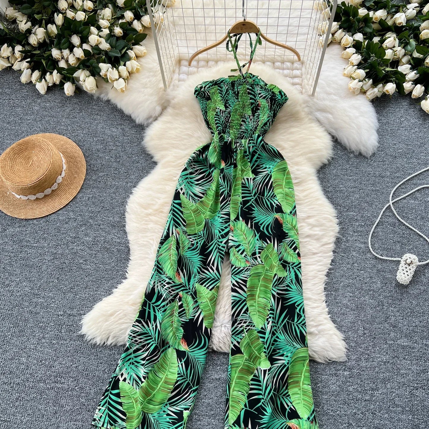 2024 New Summer Sexy Bohemian Leaf Print Jumpsuits Women Sleeveless Sexy Long Jumpsuit Mujer Casual Holiday Beach Rompers