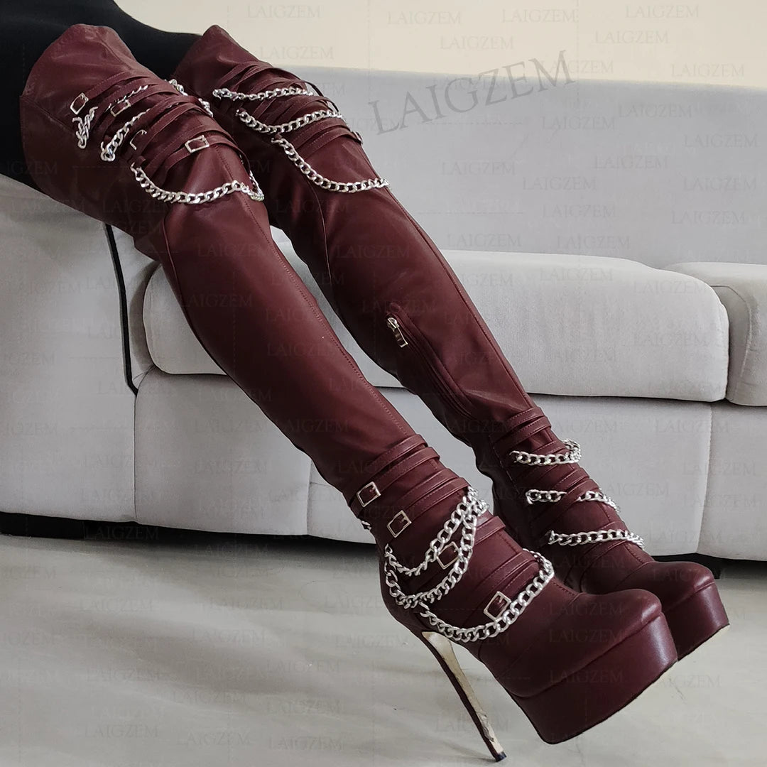 LAIGZEM Women Thigh High Platform Boots Metal Chains Thin High Heels Boots Over Knee Side Zip Shoes Woman Plus Size 42 45 50 52
