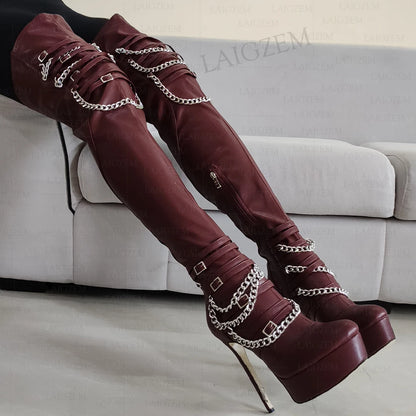 LAIGZEM Women Thigh High Platform Boots Metal Chains Thin High Heels Boots Over Knee Side Zip Shoes Woman Plus Size 42 45 50 52
