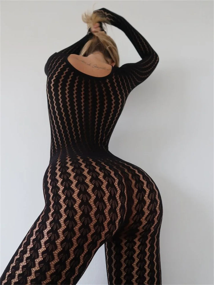 HLJ&GG Sexy Mesh Stretchy See Though Bodycon Jumpsuits Women Round Neck Long Sleeve Slim Playsuits Fashion Print Overalls 2025