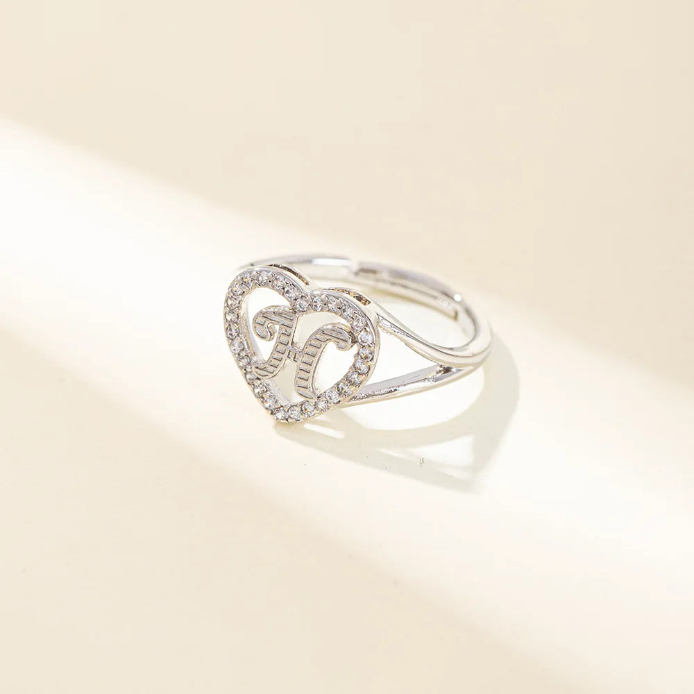 White Zircon 26 Letters A-Z Love Heart Open Adjustable Rings For Women Gold Silver Color Wedding Band Jewelry Mother's Day Gifts
