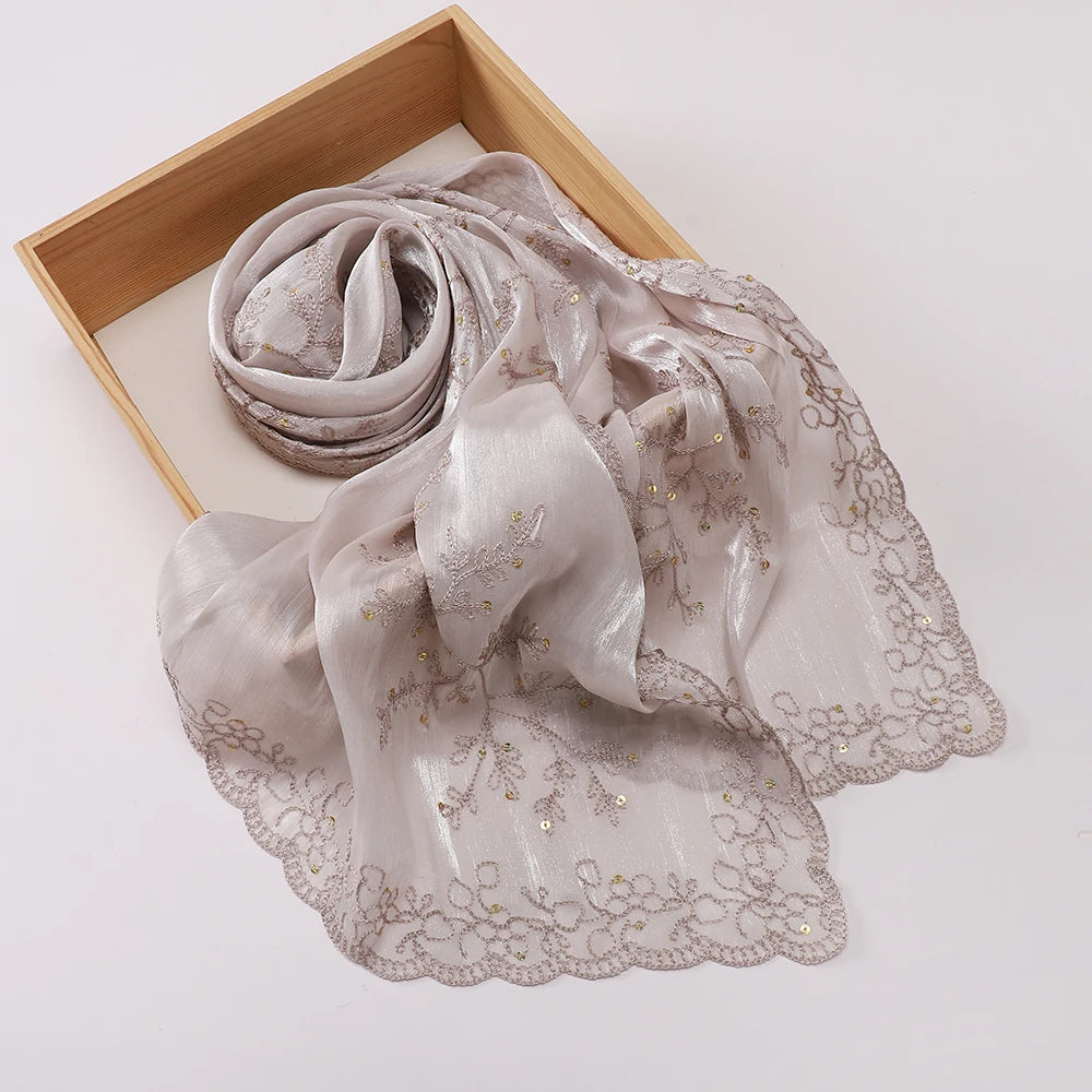 Luxury Sequin Floral Hijab Shimmer Shawl Glitter Shiny Headscarf Elegant Muslim Head Scarf for Wedding Soft Flowy Lace Edge