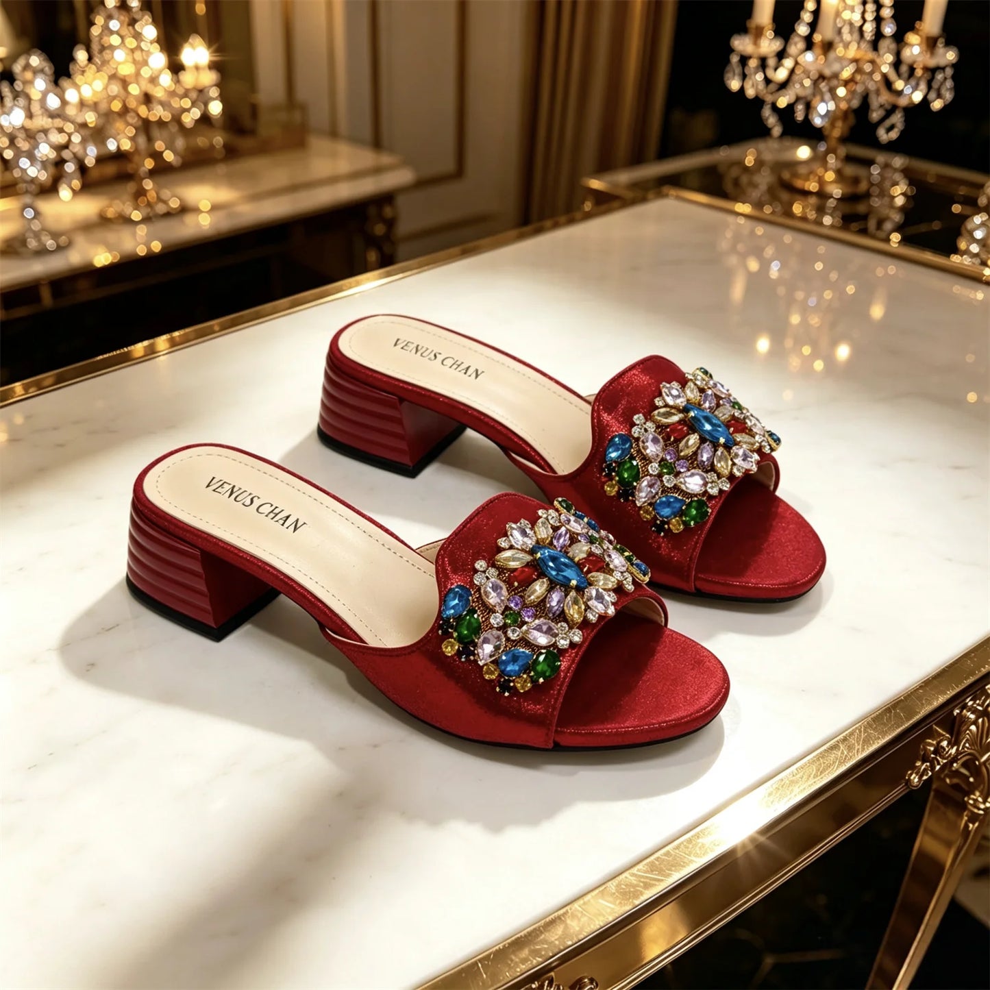 Women Luxury Multicolor Rhinestone Blue Heel Mules Black Satin Open Toe Slip On Sandals Elegant Wedding Evening Party Designer