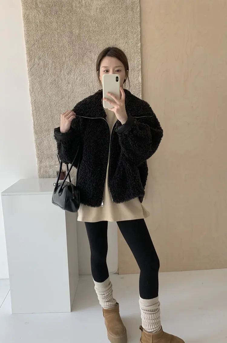 Fake Fleece Coat Women New Autumn Winter Casual Fleece-Lined Thickened Fur-Onepiece Coat Top