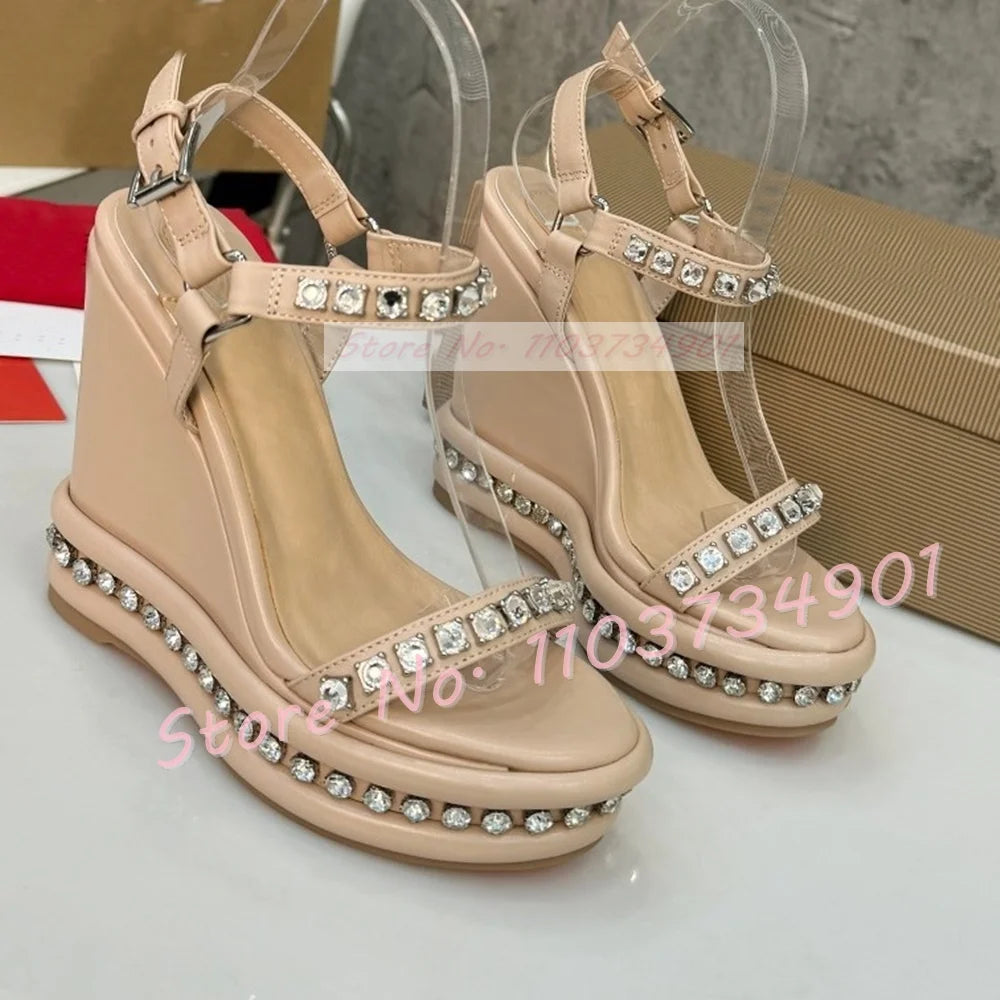 Crystal Wedges Belt Buckle Metallic Sandals Female Chic Open Toe Ankle Strap Shoes Women Luxury Party Elegant Round Toe Sandals