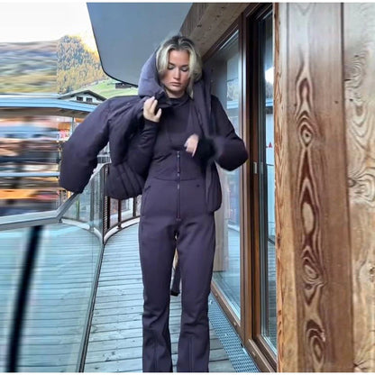 Women's Chic White Hooded Ski Jumpsuit with Waist Belt Warm Snowproof One-Piece Snow Wear Winter Sports Fashion Lady Snowsuit