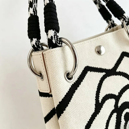 1Pc Women Mini Canvas Handbag with Black Camellia Pattern, Checkered Woven Handle Small Bucket Tote Bag, Fashion Lightweight Portable Top Handle Purse for Daily Shopping Coffee Date Travel
