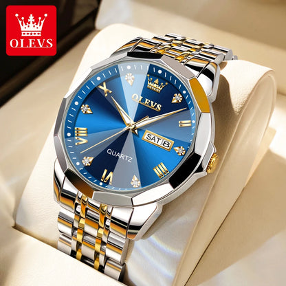 OLEVS Original Waterproof Men's Watches Diamond Mirror Quartz Watch for Man Luminous Stainless Steel Wristwatch Male Date Week