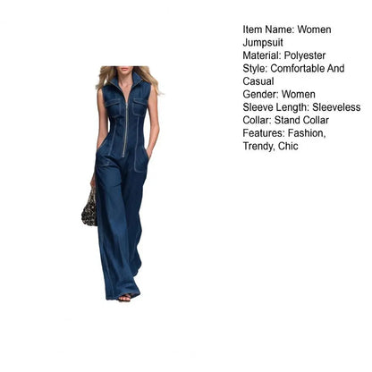 Women's Denim Jumpsuit Stand Collar Sleeveless Wide Leg Rompers Casual Zip Front One Piece Outfits with Pockets