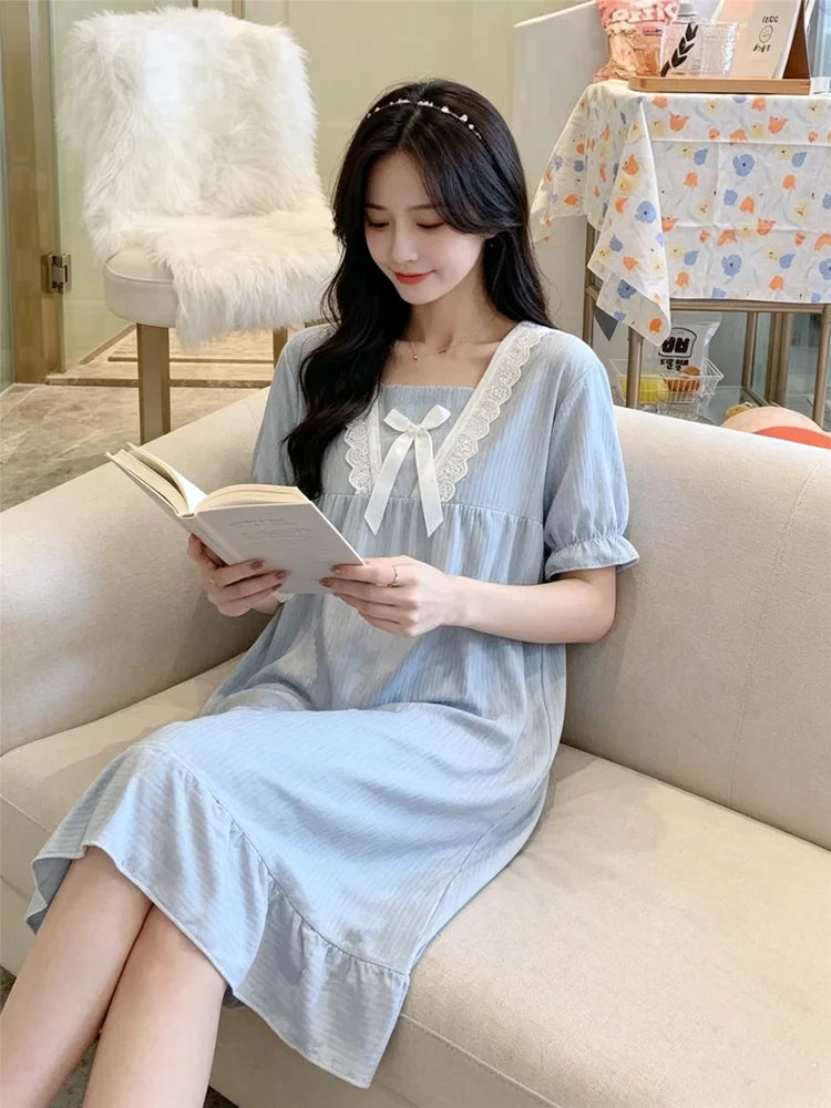 Summer Pajamas Dresses Sleepwear Sweet Korean Style Night Dress Women Nightgown Short Sleeve Lingerie Lace Patchwork Nightie