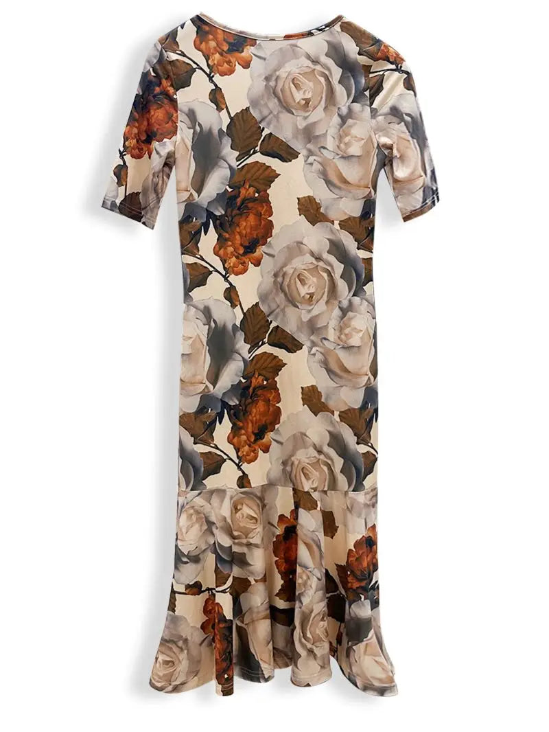 Women's Slim Fit round Neck Print Dress Hip Hugging Commuter Dress Slimming Temperament Fashion for Ladies