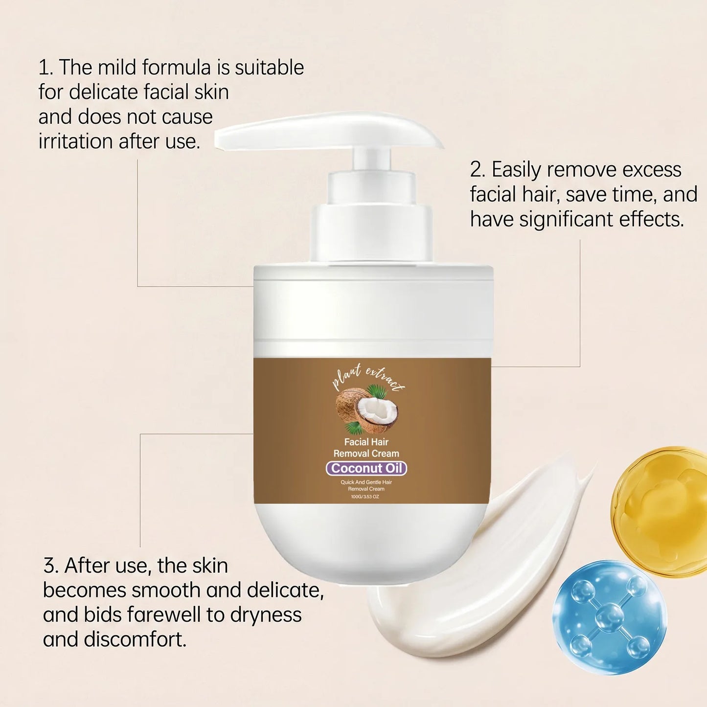 Coconut Oil Hair Removal Cream Face Fast Hair Remover Painless Nourishing Smooth Skin  Gentle Formula Non Greasy Dry Skin 100g