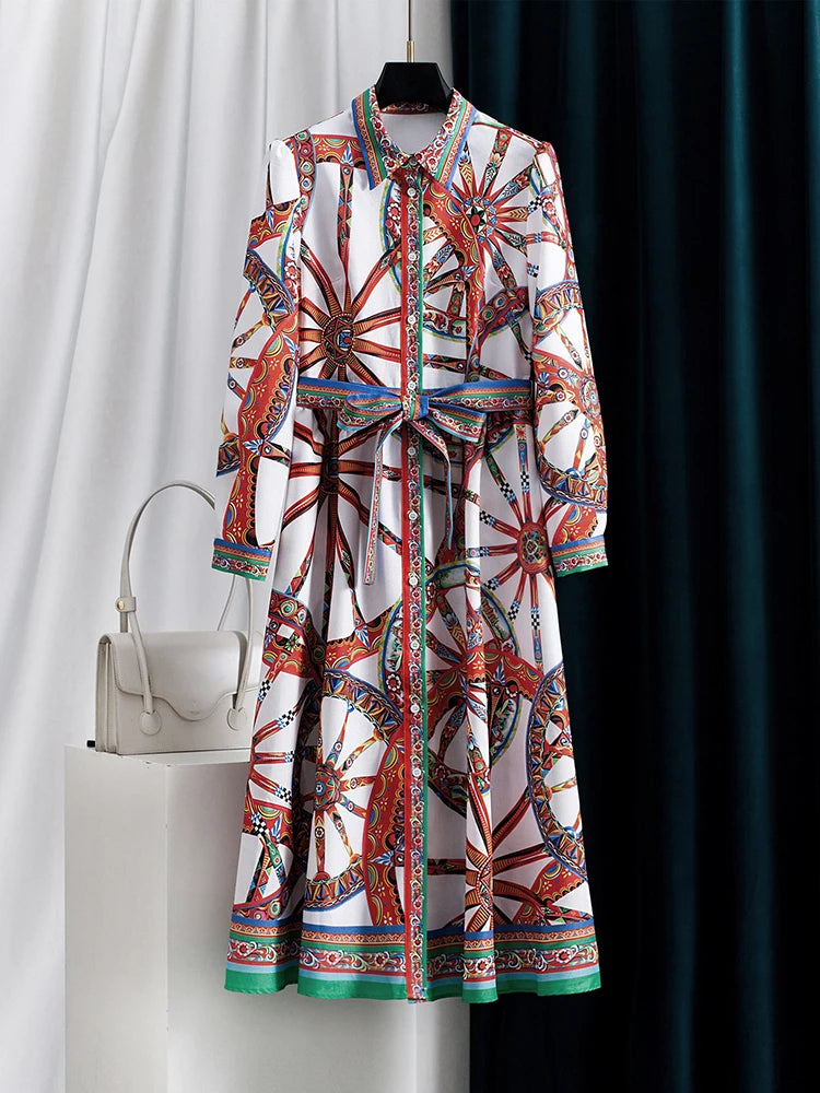 Classic Vintage French Floral Printed Long Sleeve Belted Shirt Dress with Self-Tie Waist A-Line Midi for Women Autumn Party Chic