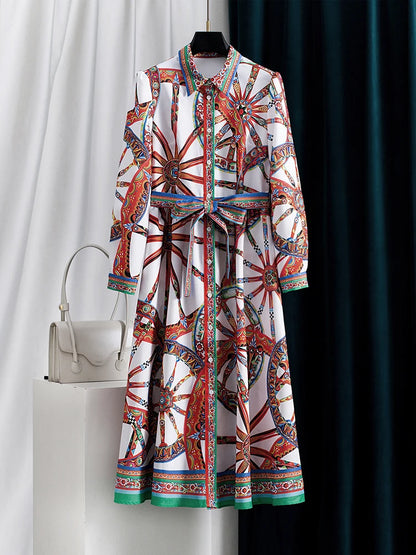 Classic Vintage French Floral Printed Long Sleeve Belted Shirt Dress with Self-Tie Waist A-Line Midi for Women Autumn Party Chic