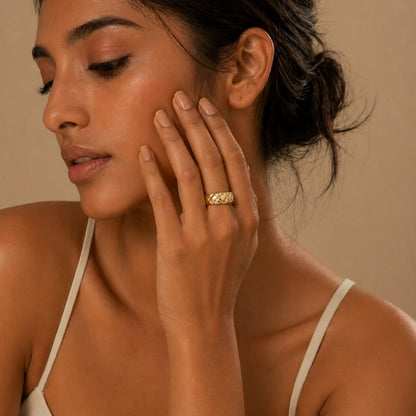 Minimalist Gold Plated Diamond Pattern Dome Ring Geometric Chunky Wide Rings Temperament Classic Wedding Jewelry Everyday Wear