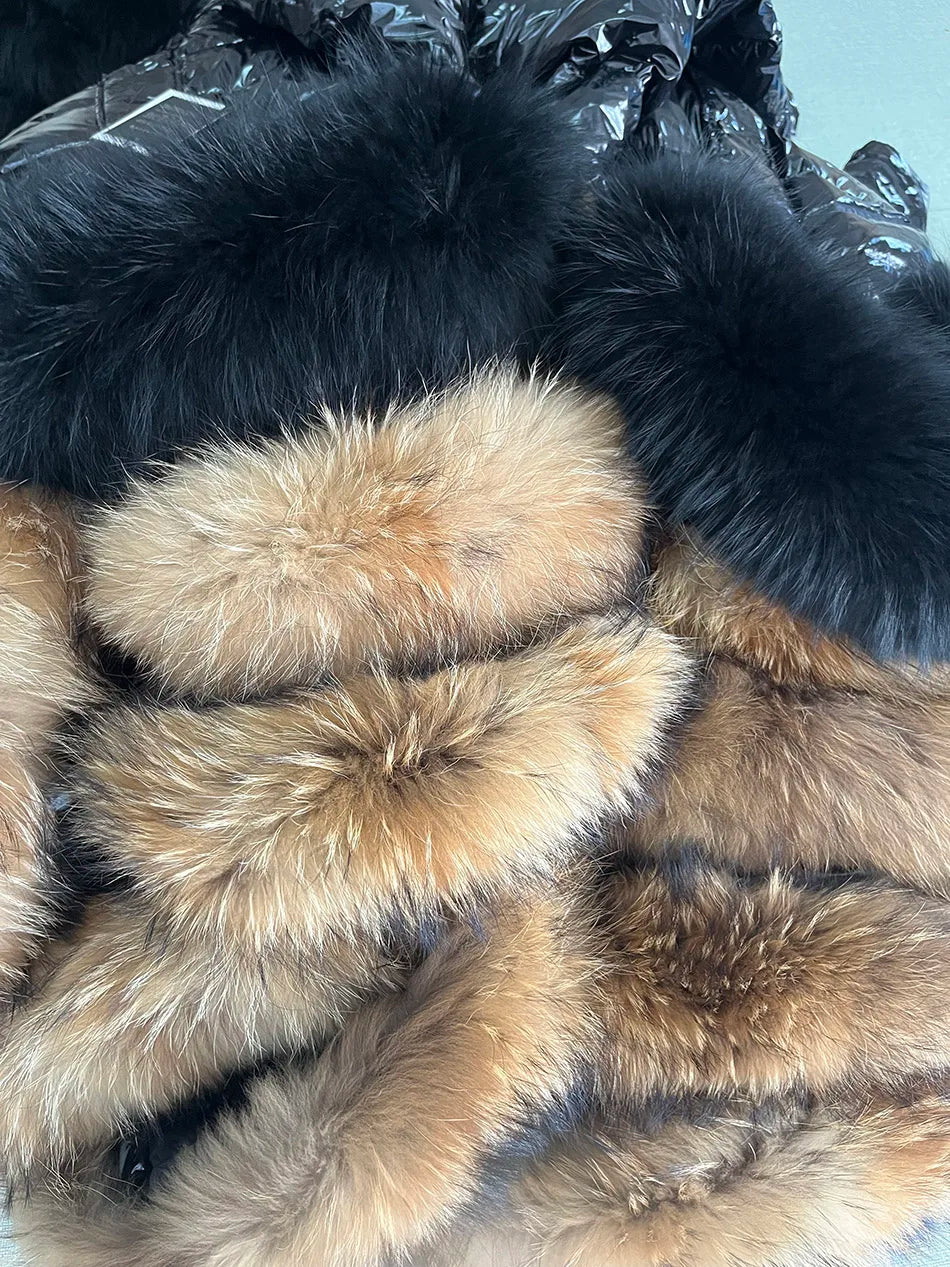 Maomaokong Winter Jacket Women Real Fur Coat Parkas Duck Down Lining Coat Real Raccoon Fur Collar Warm Black Streetwear
