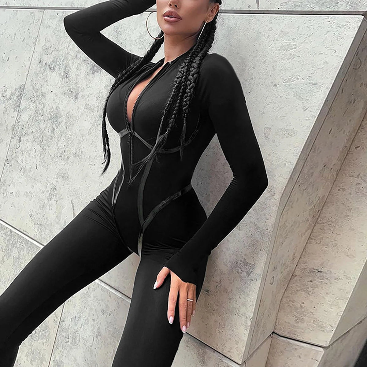 Women'S Deep V Tight Jumpsuit Long Sleeve Sports Jumpsuit With Zip Playsuits Sporty Romper Female Elastic High Waist Jumpsuits