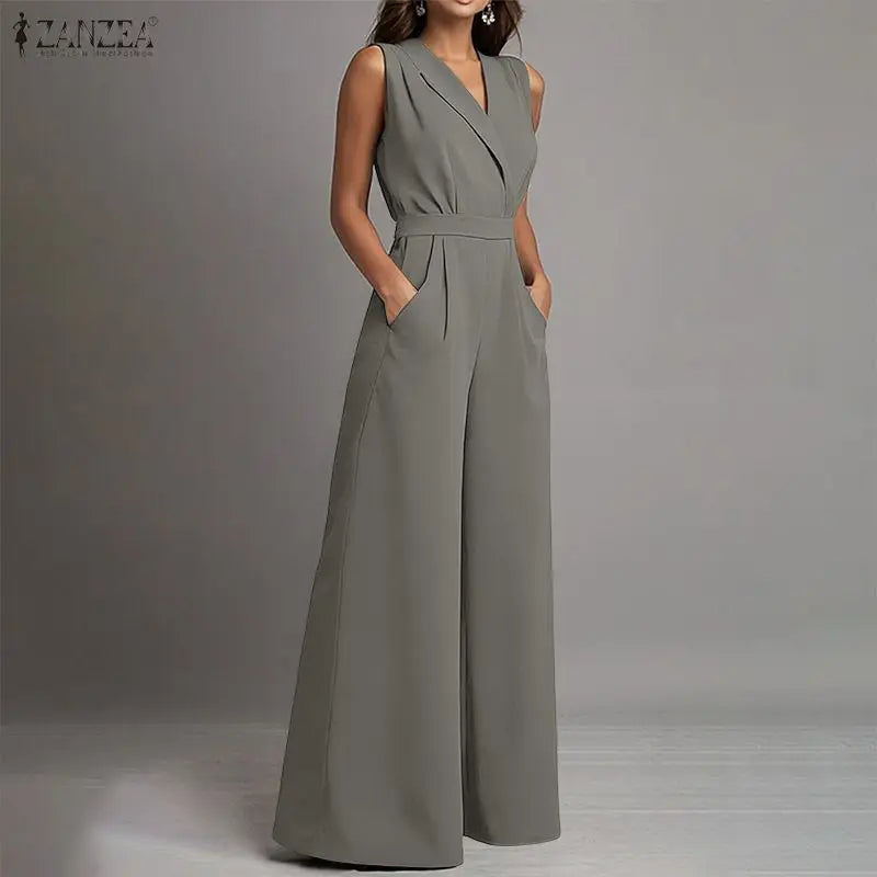 ZANZEA Women Jumpsuits Solid Sleeveless V Neck Rompers Elegant Office Ladies Clothing European Bottoms Pockets Casual Overalls