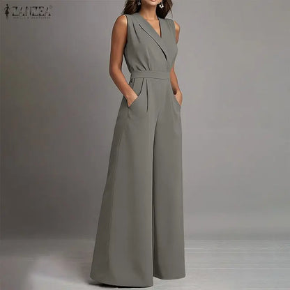 ZANZEA Women Jumpsuits Solid Sleeveless V Neck Rompers Elegant Office Ladies Clothing European Bottoms Pockets Casual Overalls