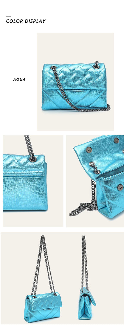 Women Fashion Metallic PU Vegan Leather Handbag Luxury Quilted Flap Messenger Shoulder Bag Long Chain Purse Daily Casual Travel