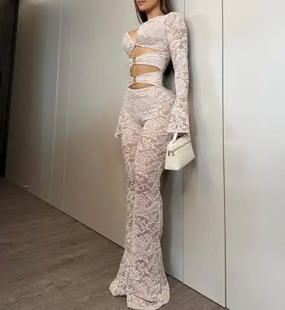 Two Piece Set Women Outfit 2026 Spring New Solid Color Buckle Splicing Lace Long Sleeve Top & High Waist Casual Flare Pants Set
