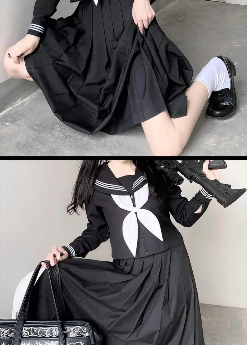 Japanese School Uniforms Student Style Girls Navy Costume Women Sexy Black JK Long Dress Suit Sailor Blouse Pleated Skirt Set
