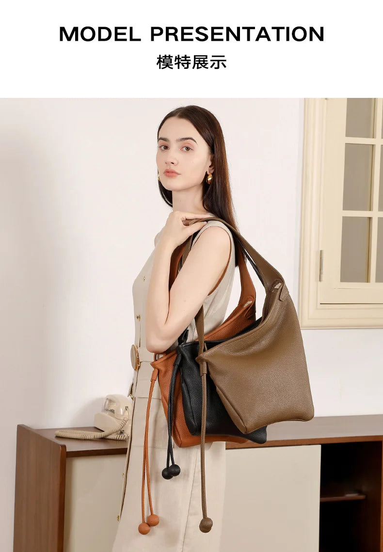 Women's Genuine Grade Cow Leather Handbags Luxury Designer Ladeis Shoulder Crossbody Bucket Bags for Woman Cowhide Underarm Bag