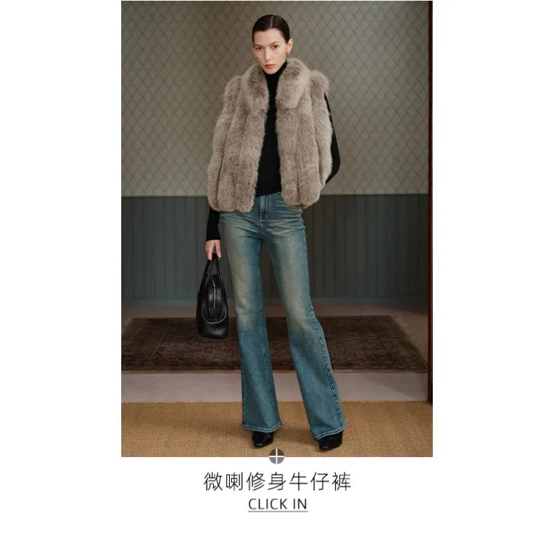 Stylishly stacked, blue fox imported from Finland, back hair, stand-up collar, vertical row fur, vest short Shu Jeju Xuejing