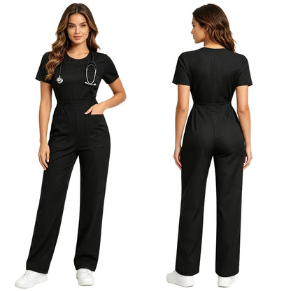 Womens Scrubs Jumpsuit Soft Stretch Medical Scrub Set with Pockets Front Zipper Elastic Waist Jogger Pants Nurse Doctor Workwear