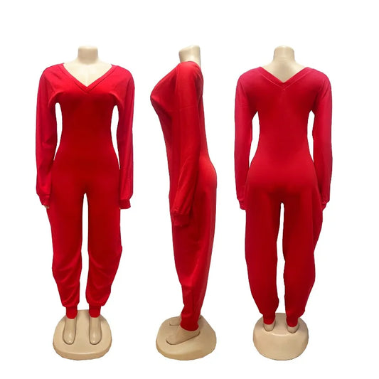 Doyerl Autumn Winter Solid Jumpsuits for Woman Long Sleeve Romper Sexy Off the Shoulder V-neck One Pieces Overalls Combinaison