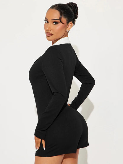 Weird Puss Elegant Lapel Patchwork Playsuits Women Hipster Long Sleeve Rose Button Stretch Activity Party Club Hipster Romper