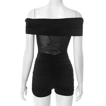 ANJAMANOR Splicing Mesh See Through Black Sexy Off Shoulder Romper Jumpsuit Woman Clothing Clubwear New Arrivals 2025 D85-BG19