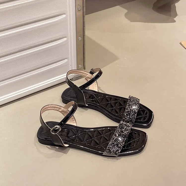 Luxury Crystal Square Toe Sandals Elegant Peep Toe Flat Slides Summer Fashionable Beach Shoes for Women